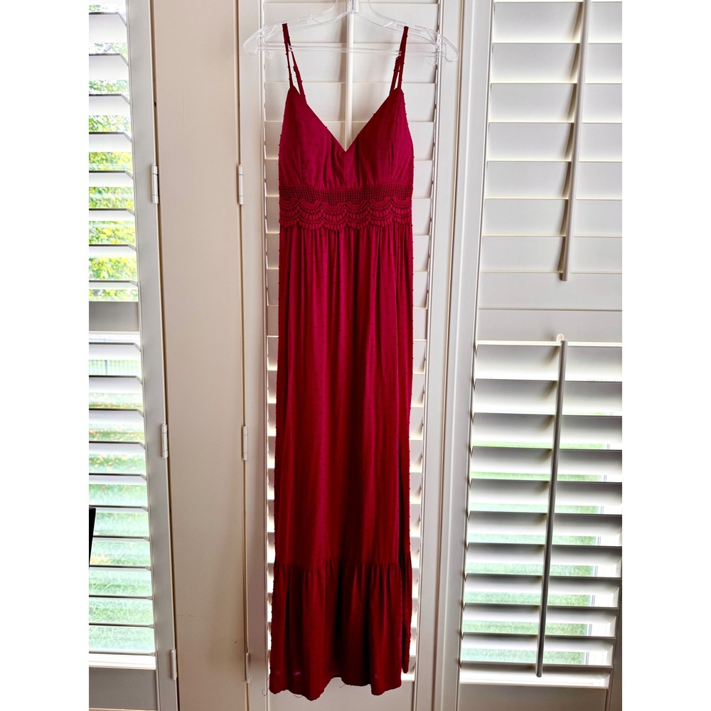 Lily Rose Burgundy Swiss Dot Crochet Lace Maxi Dress Small Boho Cottagecore Wine